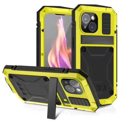 For iPhone 15 R-JUST Shockproof Life Waterproof Dust-proof Metal + Silicone Phone Case with Holder(Yellow) - iPhone 15 Cases by R-JUST | Online Shopping UK | buy2fix