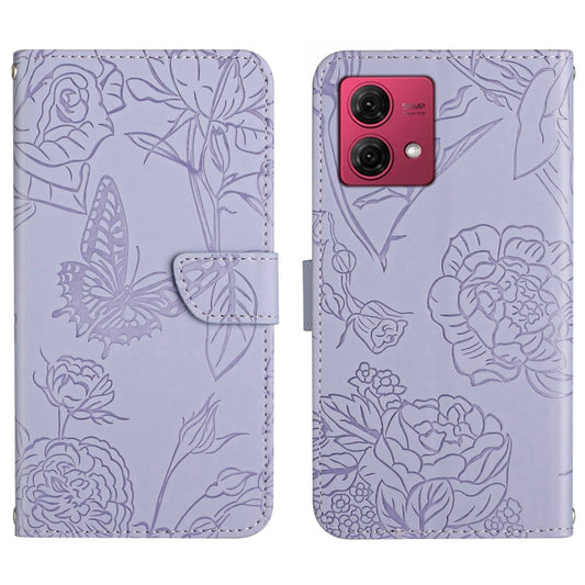 For Motorola Moto G84 HT03 Skin Feel Butterfly Embossed Flip Leather Phone Case(Purple) - Motorola Cases by buy2fix | Online Shopping UK | buy2fix