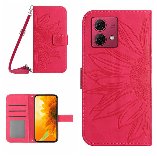 For Motorola Moto G84 HT04 Skin Feel Sun Flower Embossed Flip Leather Phone Case with Lanyard(Rose Red) - Motorola Cases by buy2fix | Online Shopping UK | buy2fix