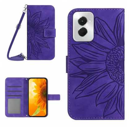 For Motorola Moto G Power 5G 2024 HT04 Skin Feel Sun Flower Embossed Flip Leather Phone Case with Lanyard(Dark Purple) - Motorola Cases by buy2fix | Online Shopping UK | buy2fix