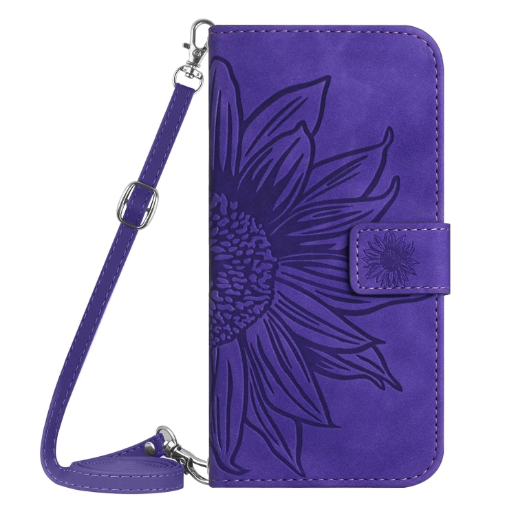 For Motorola Moto G Power 5G 2024 HT04 Skin Feel Sun Flower Embossed Flip Leather Phone Case with Lanyard(Dark Purple) - Motorola Cases by buy2fix | Online Shopping UK | buy2fix