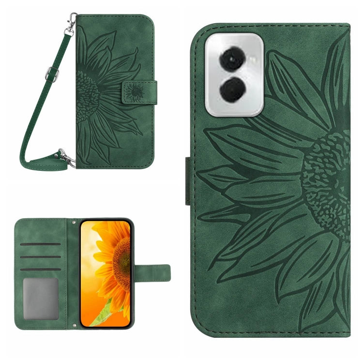 For Motorola Moto G Power 5G 2024 HT04 Skin Feel Sun Flower Embossed Flip Leather Phone Case with Lanyard(Green) - Motorola Cases by buy2fix | Online Shopping UK | buy2fix