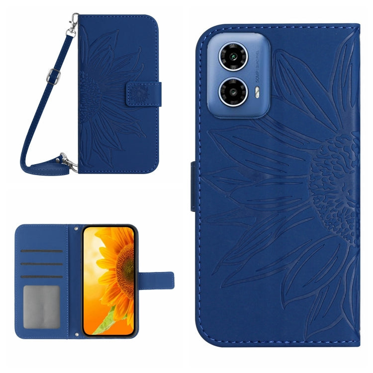 For Motorola Moto G Stylus 5G 2024 HT04 Skin Feel Sun Flower Embossed Flip Leather Phone Case with Lanyard(Dark Blue) - Motorola Cases by buy2fix | Online Shopping UK | buy2fix