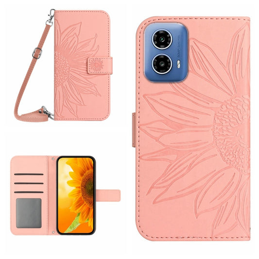 For Motorola Moto G Stylus 5G 2024 HT04 Skin Feel Sun Flower Embossed Flip Leather Phone Case with Lanyard(Pink) - Motorola Cases by buy2fix | Online Shopping UK | buy2fix