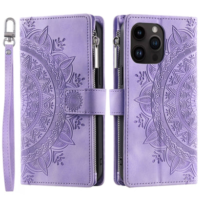 For iPhone 16 Pro Max Multi-Card Totem Zipper Leather Phone Case(Purple) - iPhone 16 Pro Max Cases by buy2fix | Online Shopping UK | buy2fix