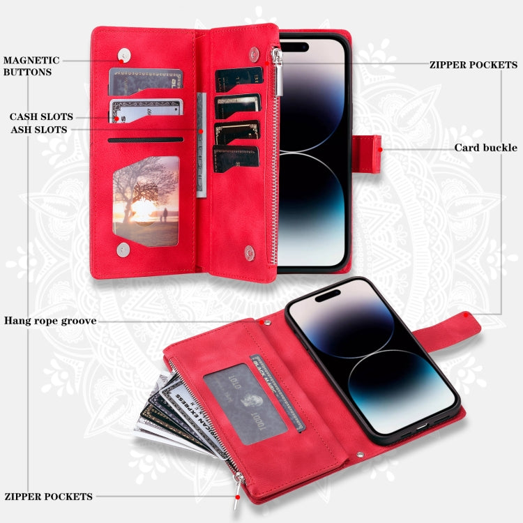 For iPhone 16 Multi-Card Totem Zipper Leather Phone Case(Red) - iPhone 16 Cases by buy2fix | Online Shopping UK | buy2fix