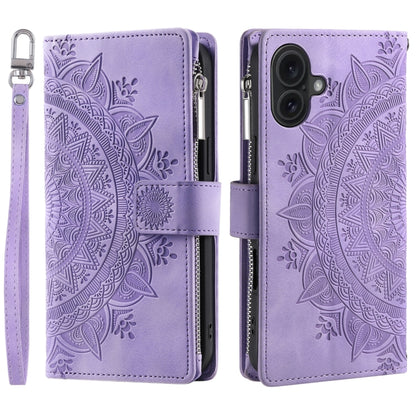 For iPhone 16 Multi-Card Totem Zipper Leather Phone Case(Purple) - iPhone 16 Cases by buy2fix | Online Shopping UK | buy2fix