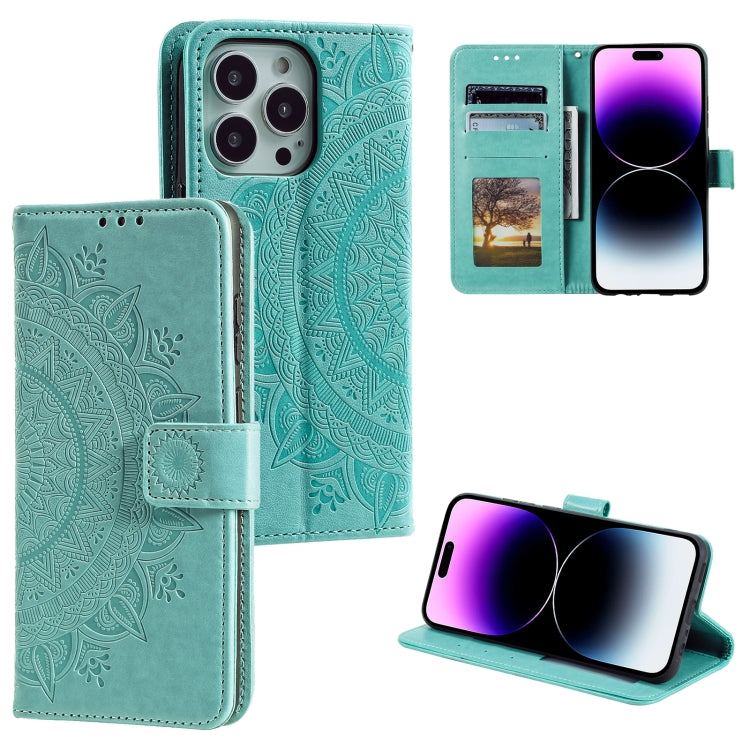 For iPhone 16 Pro Max Totem Flower Embossed Leather Phone Case(Green) - iPhone 16 Pro Max Cases by buy2fix | Online Shopping UK | buy2fix