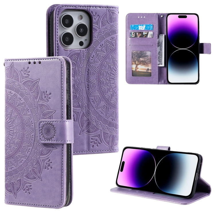 For iPhone 16 Pro Max Totem Flower Embossed Leather Phone Case(Purple) - iPhone 16 Pro Max Cases by buy2fix | Online Shopping UK | buy2fix