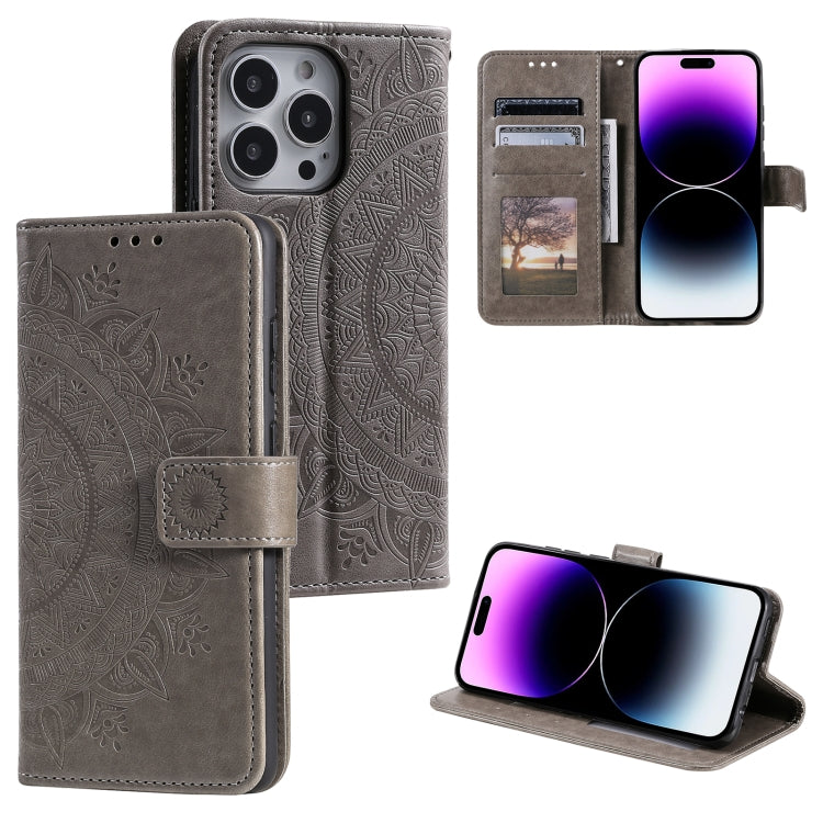 For iPhone 16 Pro Totem Flower Embossed Leather Phone Case(Grey) - iPhone 16 Pro Cases by buy2fix | Online Shopping UK | buy2fix