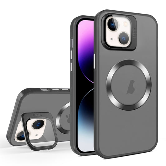 For iPhone 14 Plus Skin Feel CD Texture MagSafe Lens Holder Phone Case(Black) - iPhone 14 Plus Cases by buy2fix | Online Shopping UK | buy2fix