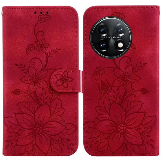 For OnePlus 11 Lily Embossed Leather Phone Case(Red) - OnePlus Cases by buy2fix | Online Shopping UK | buy2fix