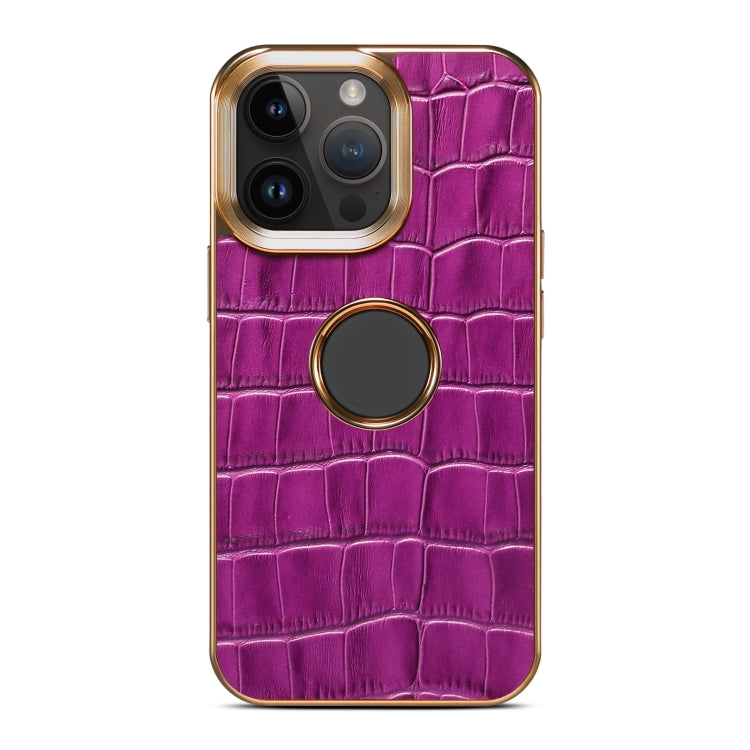 For iPhone 15 Pro Max Denior Crocodile Texture Genuine Leather Electroplating Phone Case(Purple) - iPhone 15 Pro Max Cases by Denior | Online Shopping UK | buy2fix