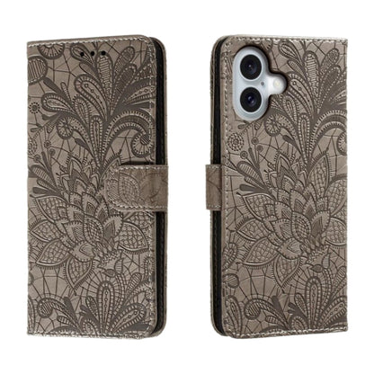 For iPhone 16 Lace Flower Embossing Flip Leather Phone Case(Grey) - iPhone 16 Cases by buy2fix | Online Shopping UK | buy2fix