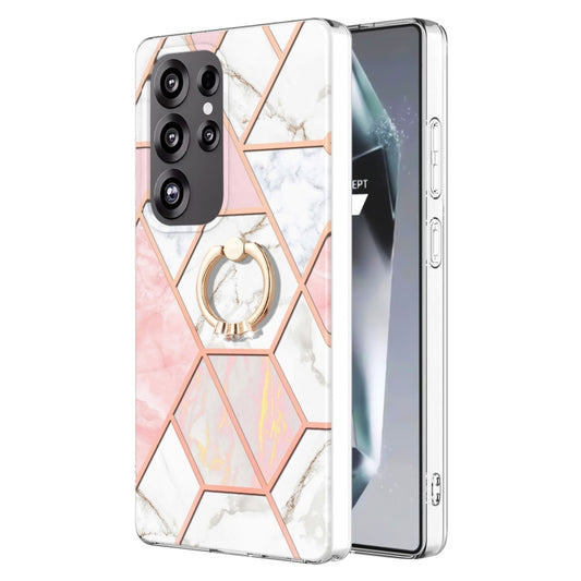 For Samsung Galaxy S25 Ultra 5G Splicing Marble Flower IMD TPU Phone Case Ring Holder(Pink White) - Galaxy S25 Ultra 5G Cases by buy2fix | Online Shopping UK | buy2fix