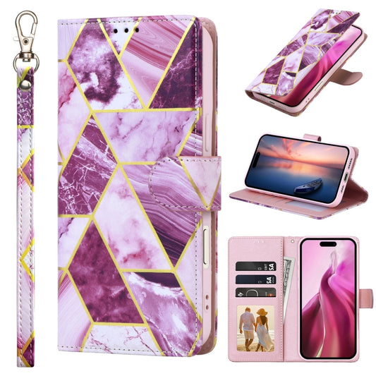 For iPhone 16 Marble Bronzing Stitching Leather Phone Case(Purple) - iPhone 16 Cases by buy2fix | Online Shopping UK | buy2fix