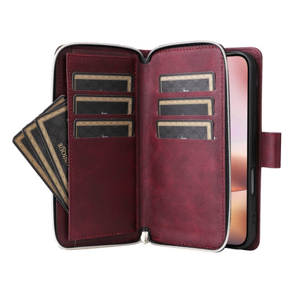 For iPhone 16 Plus 9 Card Slots Zipper Wallet Bag Leather Phone Case(Wine Red) - iPhone 16 Plus Cases by buy2fix | Online Shopping UK | buy2fix