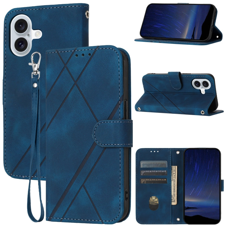 For iPhone 16 Embossed Line Leather Phone Case with Lanyard(Blue) - iPhone 16 Cases by buy2fix | Online Shopping UK | buy2fix