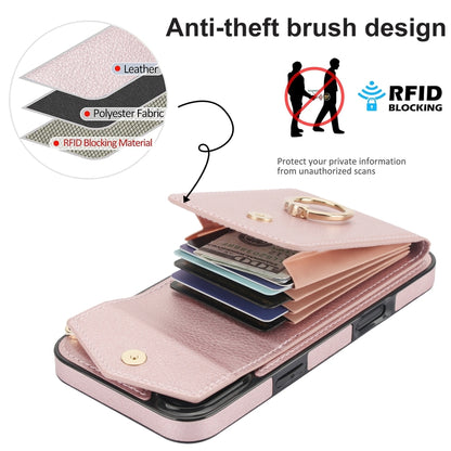 For iPhone 16 Plus Ring Holder RFID Card Slot Phone Case(Rose Gold) - iPhone 16 Plus Cases by buy2fix | Online Shopping UK | buy2fix