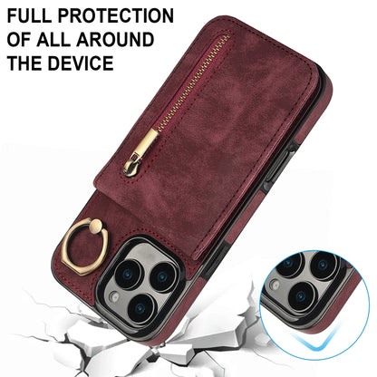 For iPhone 16 Pro Max Retro Ring and Zipper RFID Card Slot Phone Case(Wine Red) - iPhone 16 Pro Max Cases by buy2fix | Online Shopping UK | buy2fix