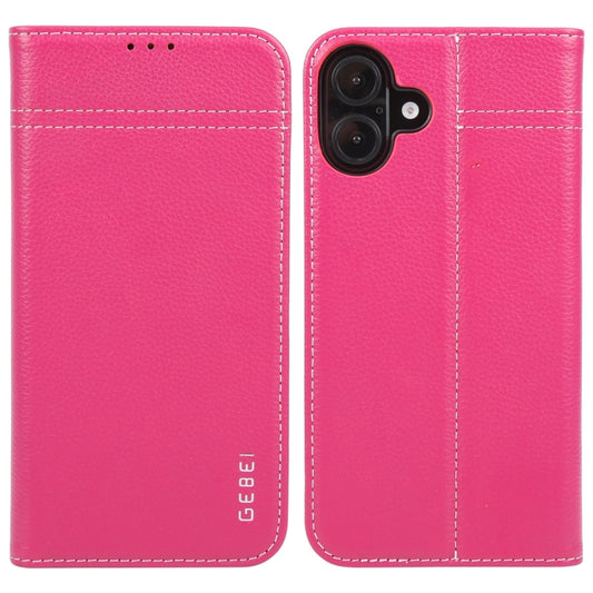 For iPhone 16 Plus GEBEI Top-grain Horizontal Flip Leather Phone Case(Rose Red) - iPhone 16 Plus Cases by GEBEI | Online Shopping UK | buy2fix