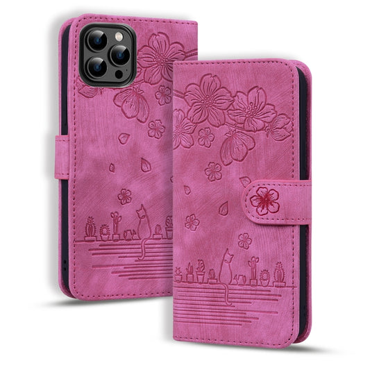 For iPhone 16 Pro Max Cartoon Sakura Cat Embossed Leather Phone Case(Rose Red) - iPhone 16 Pro Max Cases by buy2fix | Online Shopping UK | buy2fix