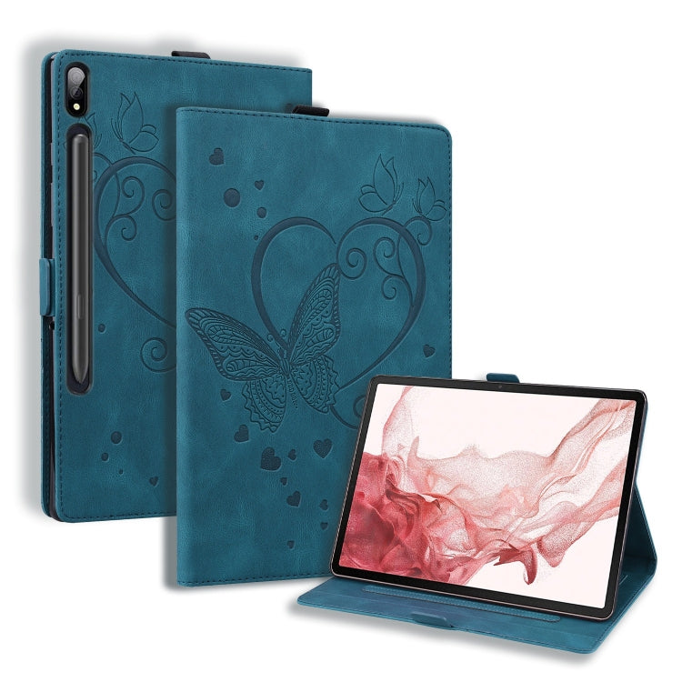 For Samsung Galaxy Tab S9 FE+ Love Butterfly Embossed Leather Tablet Case(Blue) - Galaxy Tab S9 FE+ by buy2fix | Online Shopping UK | buy2fix