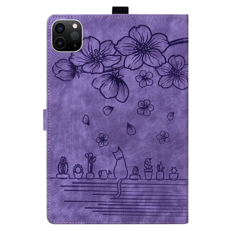 For iPad Pro 11 2024 Cartoon Sakura Cat Embossed Smart Leather Tablet Case(Purple) - iPad Pro 11 2024 Cases by buy2fix | Online Shopping UK | buy2fix