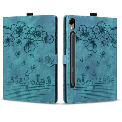 For Samsung Galaxy Tab S9 FE+ Cartoon Sakura Cat Embossed Leather Tablet Case(Green) - Galaxy Tab S9 FE+ by buy2fix | Online Shopping UK | buy2fix