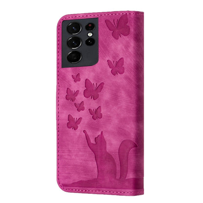 For Samsung Galaxy S21 Ultra 5G Butterfly Cat Embossing Flip Leather Phone Case(Pink) - Galaxy S21 Ultra 5G Cases by buy2fix | Online Shopping UK | buy2fix