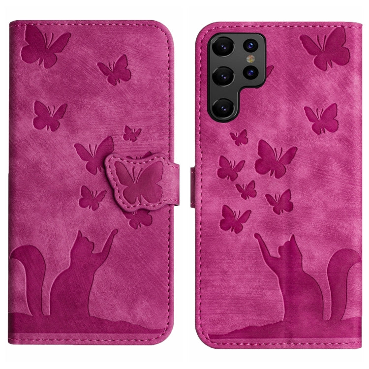 For Samsung Galaxy S22 Ultra 5G Butterfly Cat Embossing Flip Leather Phone Case(Pink) - Galaxy S22 Ultra 5G Cases by buy2fix | Online Shopping UK | buy2fix