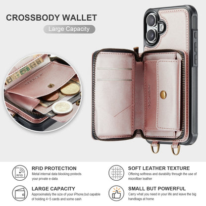 For iPhone 16 JEEHOOD C22 Series Zipper Wallet Leather Phone Case with Dual Lanyard(Rose Gold) - iPhone 16 Cases by JEEHOOD | Online Shopping UK | buy2fix