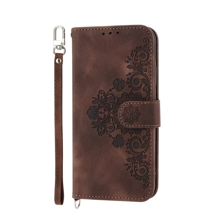 For iPhone 16e Skin-feel Flowers Embossed Wallet Leather Phone Case(Brown) - iPhone 16e Cases by buy2fix | Online Shopping UK | buy2fix