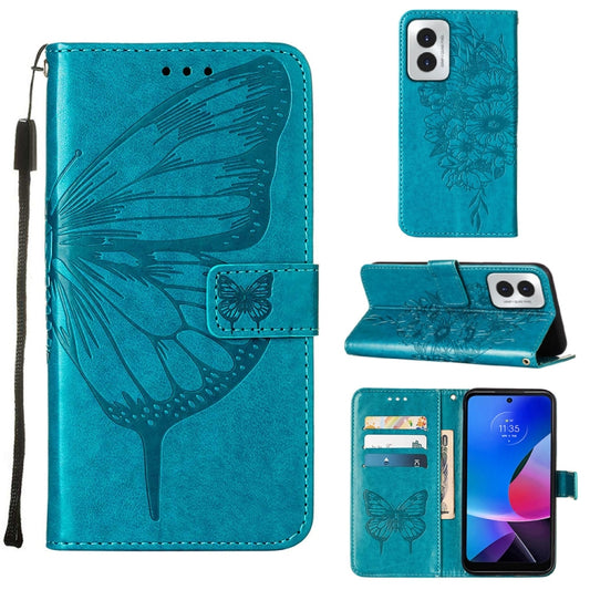 For Motorola Moto G Play 4G 2024 Embossed Butterfly Leather Phone Case(Blue) - Motorola Cases by buy2fix | Online Shopping UK | buy2fix