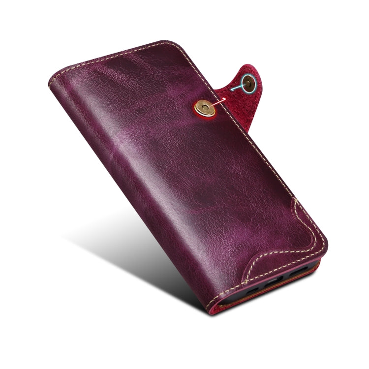 For iPhone 15 Pro Max Denior Oil Wax Cowhide Magnetic Button Genuine Leather Case(Purple) - iPhone 15 Pro Max Cases by Denior | Online Shopping UK | buy2fix