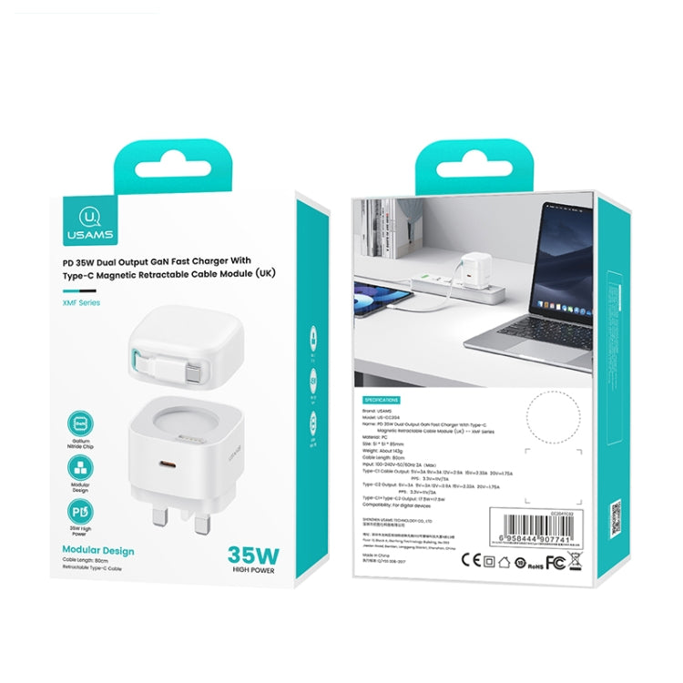 USAMS US-CC204 SMF Series PD35W Dual Type-C Port GaN Fast Charger, UK Plug(White) - USB Charger by USAMS | Online Shopping UK | buy2fix
