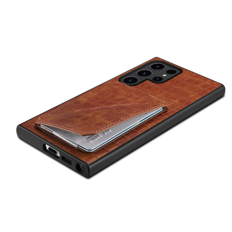 For Samsung Galaxy S23 Ultra 5G Denior Crocodile Texture Holder Electroplating Phone Case(Brown) - Galaxy S23 Ultra 5G Cases by Denior | Online Shopping UK | buy2fix