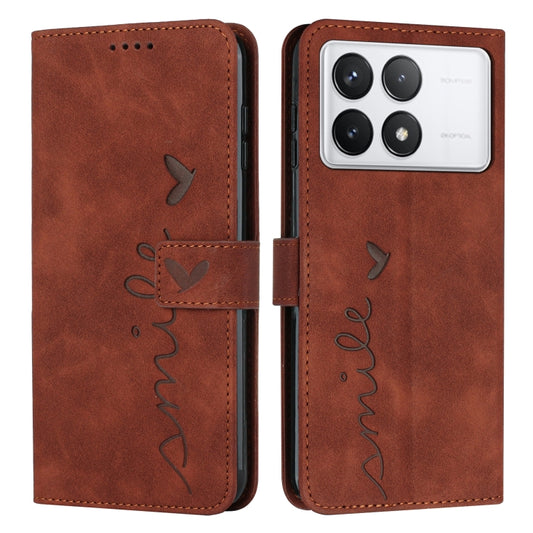 For Xiaomi Redmi K70 / K70 Pro Skin Feel Heart Embossed Leather Phone Case with Long Lanyard(Brown) - K70 Pro Cases by buy2fix | Online Shopping UK | buy2fix