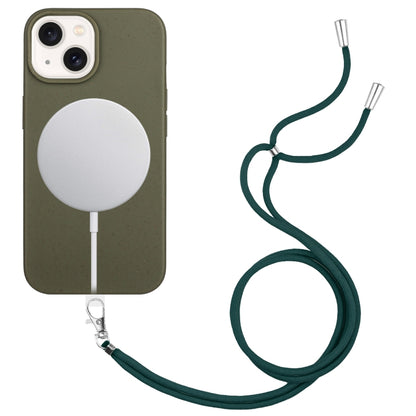 For iPhone 15 Plus Wheat MagSafe Magnetic Straw Material + TPU Phone Case with Lanyard(Army Green) - iPhone 15 Plus Cases by buy2fix | Online Shopping UK | buy2fix