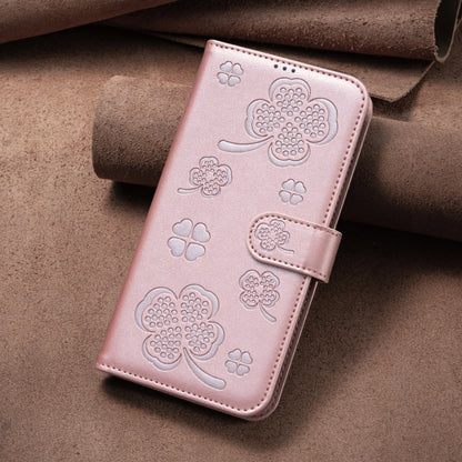 For iPhone 16 Plus Four-leaf Embossed Leather Phone Case(Pink) - iPhone 16 Plus Cases by buy2fix | Online Shopping UK | buy2fix