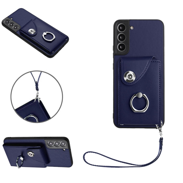 For Samsung Galaxy S22 5G Organ Card Bag Ring Holder PU Phone Case with Lanyard(Blue) - Galaxy S22 5G Cases by buy2fix | Online Shopping UK | buy2fix