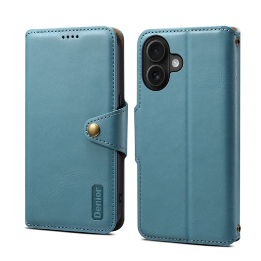 For iPhone 16 Denior Cowhide Texture Wallet Style Leather Phone Case(Blue) - iPhone 16 Cases by Denior | Online Shopping UK | buy2fix