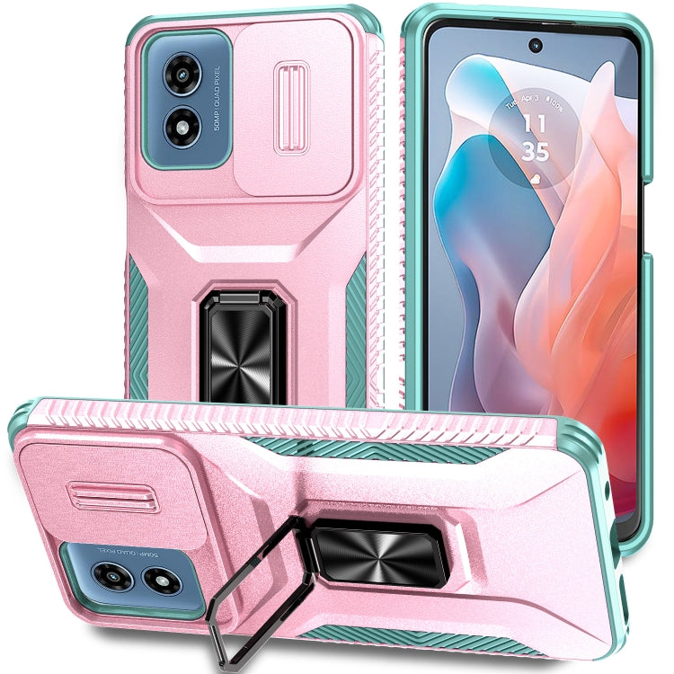 For Motorola Moto G Play 2024 Sliding Camshield Holder Phone Case(Pink + Grey Green) - Motorola Cases by buy2fix | Online Shopping UK | buy2fix