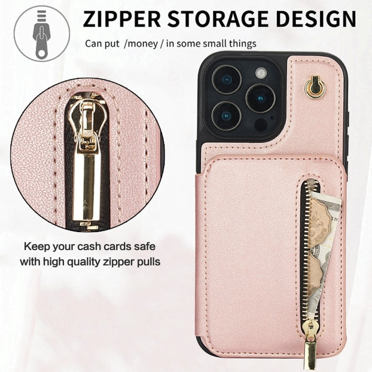 For iPhone 16 Pro YM006 Skin Feel Zipper Card Bag Phone Case with Dual Lanyard(Rose Gold) - iPhone 16 Pro Cases by buy2fix | Online Shopping UK | buy2fix