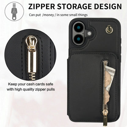 For iPhone 16 YM006 Skin Feel Zipper Card Bag Phone Case with Dual Lanyard(Black) - iPhone 16 Cases by buy2fix | Online Shopping UK | buy2fix