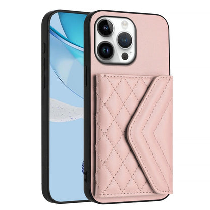 For iPhone 16 Pro Max Rhombic Texture Card Bag RFID Phone Case with Long Lanyard(Rose Gold) - iPhone 16 Pro Max Cases by buy2fix | Online Shopping UK | buy2fix