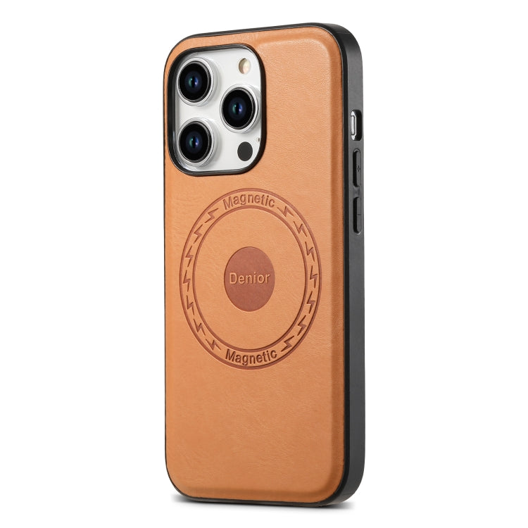 For iPhone 15 Plus Denior Cowhide Texture Leather MagSafe Phone Case(Khaki) - iPhone 15 Plus Cases by Denior | Online Shopping UK | buy2fix