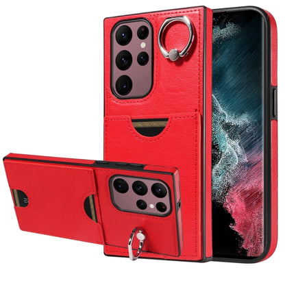 For Samsung Galaxy S22 Ultra 5G Calf Texture Card Slot Ring Holder Phone Case(Red) - Galaxy S22 Ultra 5G Cases by buy2fix | Online Shopping UK | buy2fix