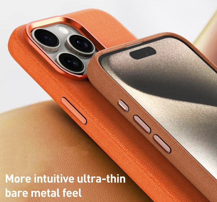 For iPhone 15 Plus Metal Lens Frame Leather Magsafe Full Coverage Shockproof Phone Case(Brown) - iPhone 15 Plus Cases by buy2fix | Online Shopping UK | buy2fix
