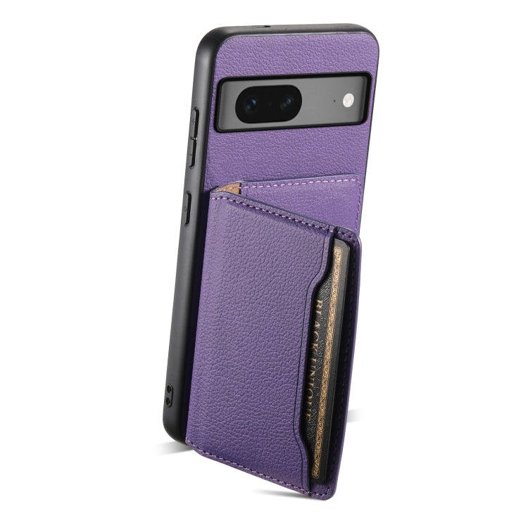 For Google Pixel 7 5G Calf Texture Card Bag Design Full Coverage Phone Case(Purple) - Google Cases by buy2fix | Online Shopping UK | buy2fix